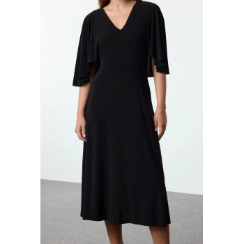 Kadın Moda Şık Maxi Boy V Yaka Regular Düz Pelerinli Esnek Örme Elbise