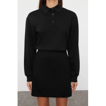 Kadın Moda Şık Mini Boy Polo Yaka Regular Düz Vücuda Oturan Örme Elbise