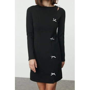 Kadın Moda Mini Boy Bisiklet Yaka Slim Düz Fiyonk Detaylı Bodycone Vücuda Oturan Esnek Örme Elbise