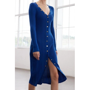 Kadın Moda Şık Midi Boy V Yaka Slim Limited Edition Triko Bodycone Elbise