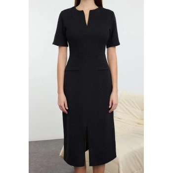 Kadın Moda Şık Midi Boy Bisiklet Yaka Regular Kuşaklı A Kesim Tüvit Dokuma Elbise