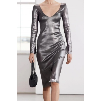 Kadın Moda Şık Midi Boy V Yaka Slim Limited Edition Triko Varak Baskılı Elbise