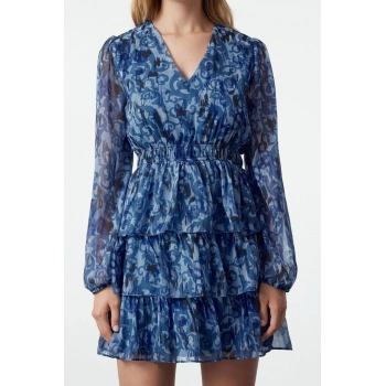 Kadın Mini Boy V Yaka Etnik Desen Skater Belden Açılan Eteği Volanlı Şifon Astarlı Dokuma Elbise