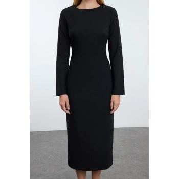 Kadın Moda Şık Midi Boy Bisiklet Yaka Regular Vücudu Saran Dokuma Elbise