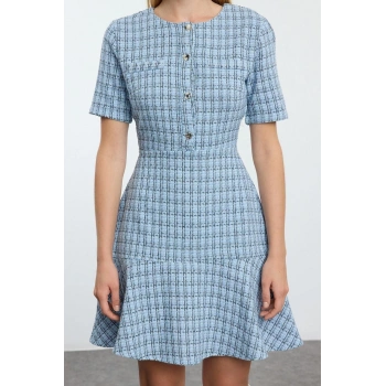 Kadın Moda Şık Mini Boy Bisiklet Yaka Regular Eteği Belden Açılan Tüvit Dokuma Elbise