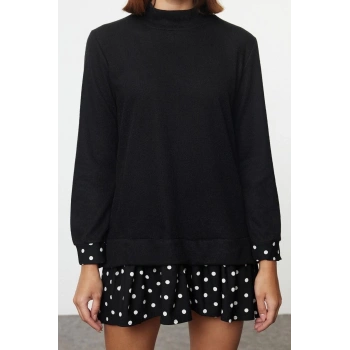 Kadın Moda Şık Mini Boy Bisiklet Yaka Regular Selanik Puantiyeli Örme Elbise