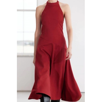 Kadın Maxi Boy Bisiklet Yaka Regular Limited Edition Sırt Dekolteli Boyundan Bağlamalı Dokuma Elbise