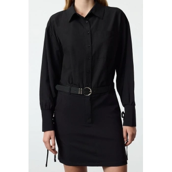 Kadın Moda Şık Mini Boy Gömlek Yaka Regular Limited Edition Kemerli Dokuma Elbise