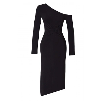 Kadın Maxi Boy Asimetrik Yaka Slim Limited Editon Omzu Açık Vücuda Oturan Drapeli Esnek Örme Elbise