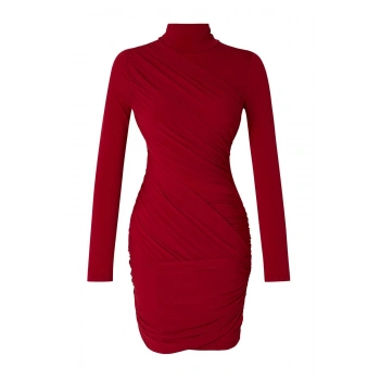 Kadın Moda Şık Mini Boy Dik Yaka Slim Limited Edition Fitted Vücuda Oturan Esnek Örme Elbise