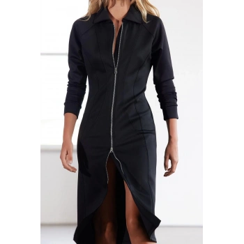 Kadın Moda Şık Midi Boy Polo Yaka Slim Limited Edition Fitted Vücuda Oturan Örme Elbise