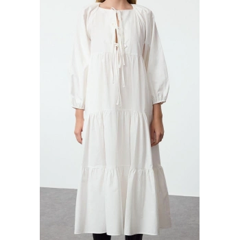 Kadın Moda Şık Midi Boy Bisiklet Yaka Regular Rahat Kalıp Fiyonklu Dokuma Elbise