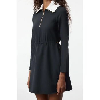 Kadın Moda Şık Mini Boy Dik Yaka Regular A Kesim Beli Ayarlanabilir Dokuma Elbise