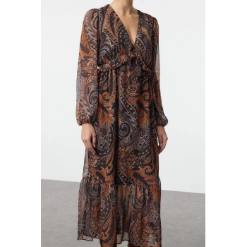 Kadın Moda Şık Midi Boy V Yaka Regular Fırfırlı Astarlı Şifon Dokuma Elbise