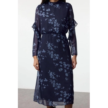 Kadın Moda Şık Midi Boy Dik Yaka Regular Çiçekli A Kesim Dokuma Kışlık Elbise