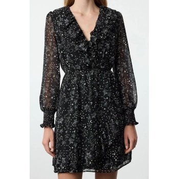 Kadın Moda Şık Mini Boy Kruvaze Regular A Kesim Geometrik Desenli Fırfırlı Şifon Dokuma Elbise