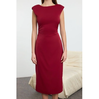 Kadın Moda Şık Midi Boy Bisiklet Yaka Regular Düz Kalıp Dokuma Elbise