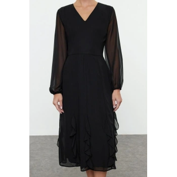 Kadın Moda Şık Midi Boy V Yaka Regular Fırfırlı Şifon Dokuma Elbise