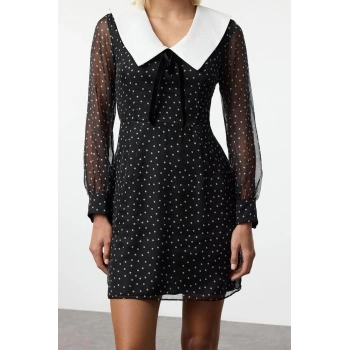 Kadın Moda Şık Mini Boy V Yaka Regular Yaka Detaylı Fiyonklu Şifon Dokuma Elbise