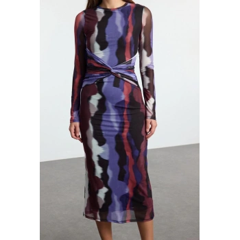 Kadın Moda Şık Maxi Boy Bisiklet Yaka Slim Soyut Bağlama Detay Örme Elbise