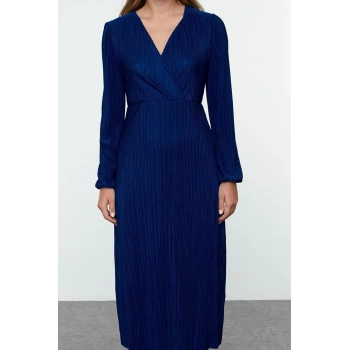 Kadın Moda Şık Midi Boy Kruvaze Regular Pilise Astarlı Anvelop Esnek Örme Elbise