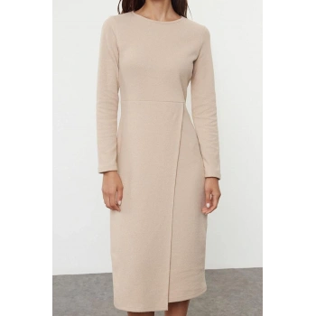 Kadın Moda Şık Midi Boy Bisiklet Yaka Slim Düz Selanik Anvelop Esnek Örme Elbise