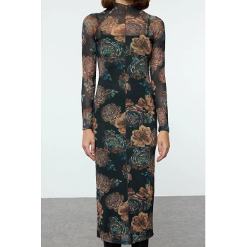 Kadın Moda Şık Maxi Boy Dik Yaka Slim Çiçekli Nervürlü Tül Detaylı Fitted Vücuda Oturan Örme Elbise