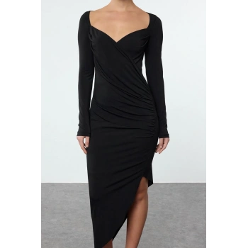 Kadın Moda Şık Midi Boy Kalp Yaka Slim Düz Büzgü Drapeli Asimetrik Fitted Vücuda Oturan Örme Elbise