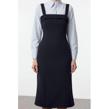 Kadın Moda Şık Mini Boy Gömlek Yaka Regular Çizgili Gömlek Detaylı Vücuda Oturan Dokuma Elbise