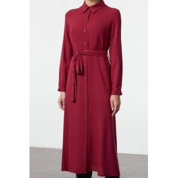 Kadın Moda Şık Midi Boy Gömlek Yaka Relaxed Kuşaklı Viskon Dokuma Elbise