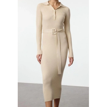 Kadın Moda Şık Midi Boy Polo Yaka Regular Kuşaklı Triko Elbise