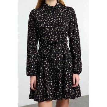 Kadın Moda Şık Mini Boy Gömlek Yaka Regular Kuşaklı Animal Dokuma Elbise