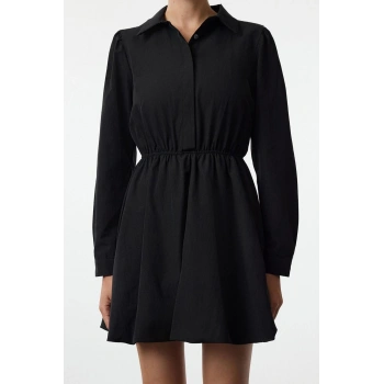 Kadın Moda Şık Mini Boy Gömlek Yaka Regular Balon Etek Dokuma Elbise