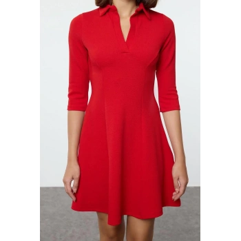 Kadın Moda Şık Mini Boy Polo Yaka Slim Skater Belden Açılan Örme Elbise