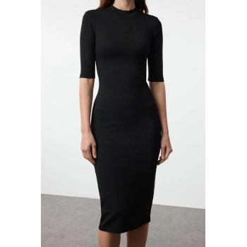 Kadın Moda Şık Midi Boy Dik Yaka Slim Bodycone Vücuda Oturan Truvakar Kol Örme Elbise