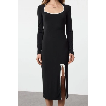 Kadın Moda Şık Maxi Boy Havuz Yaka Slim Renk Bloklu Fiyonk Detaylı Fitted Örme Elbise