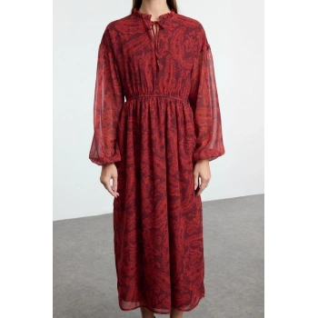 Kadın Moda Şık Midi Boy Dik Yaka Regular Şal Desen Lastikli Dokuma Kışlık Elbise