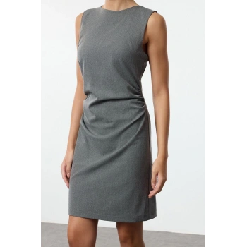 Kadın Moda Şık Mini Boy Bisiklet Yaka Slim Düz Vücudu Saran Drape Detaylı Dokuma Elbise