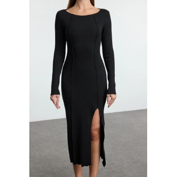 Kadın Moda Şık Midi Boy Kayık Yaka Slim Düz Yırtmaçlı Fitted Vücuda Oturan Yırtmaçlı Örme Elbise