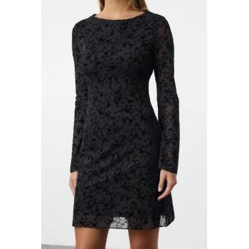 Kadın Moda Şık Mini Boy Kayık Yaka Slim Flok Baskılı Vücuda Oturan Örme Elbise