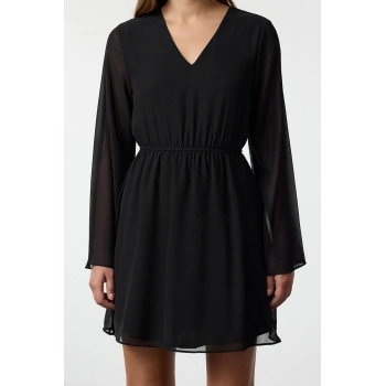 Kadın Moda Şık Mini Boy Kruvaze Regular Eteği Belden Açılan Astarlı Şifon Dokuma Elbise