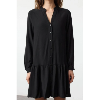 Kadın Moda Şık Mini Boy Hakim Yaka Regular Kalın Viskon Dokuma Gömlek Elbise