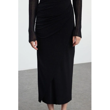 Kadın Moda Stil Maxi Astarsız Örme Büzgü Drape Detaylı Maxi Anvelop Esnek Etek