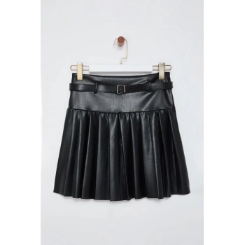 Kadın Moda Stil Standart Astarsız Örme Piliseli Kemer Detaylı Mini Etek