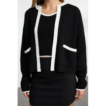 Kadın Moda Şık Bisiklet Yaka Standart Kol Regular Renk Bloklu Triko Bluz- Hırka Takım