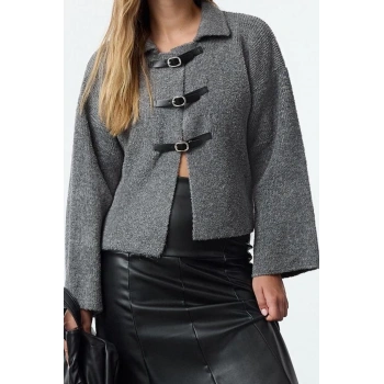 Kadın Moda Şık Polo Yaka Standart Kol Regular Buklet Mont Görünümlü Triko Hırka