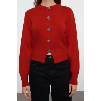 Kadın Moda Şık Bisiklet Yaka Standart Kol Crop Özel İplik Gül Düğme Ceket Görünümlü Triko Hırka