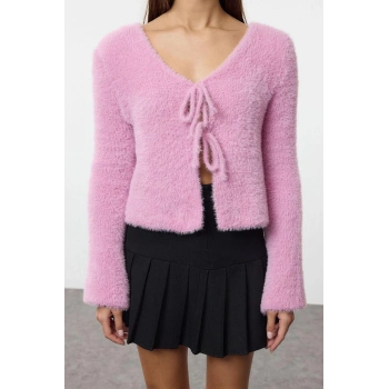 Kadın Moda Şık V Yaka Standart Kol Crop Tüylü Bağlama Detaylı Triko Hırka