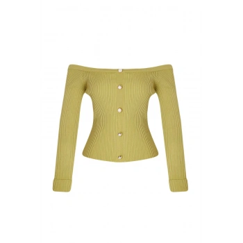 Kadın Moda Şık Kayık Yaka Standart Kol Regular Carmen Yaka Triko Hırka