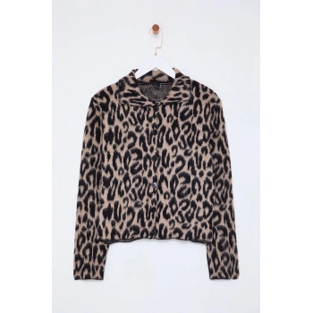 Kadın Moda Şık Polo Yaka Standart Kol Regular Leopar Desenli Triko Hırka